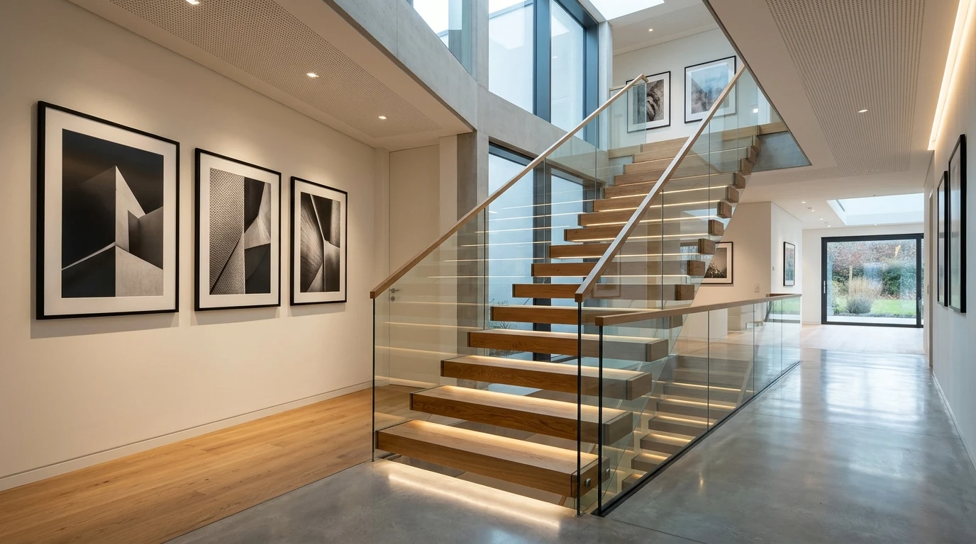 desain interior area tangga modern dengan pijakan kayu melayang dan railing kaca