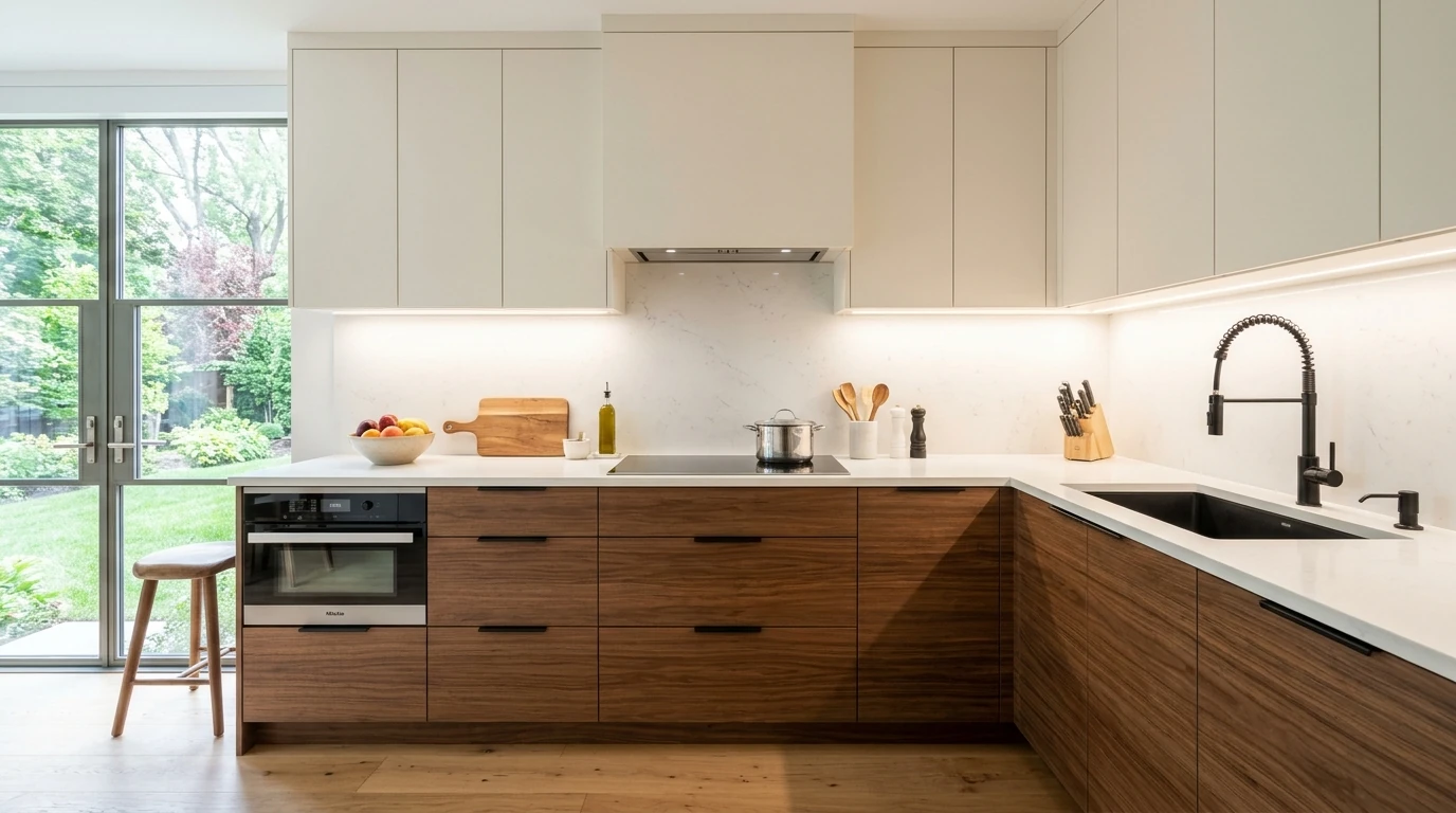 desain dapur modern minimalis dengan kitchen set HPL motif kayu dan countertop putih
