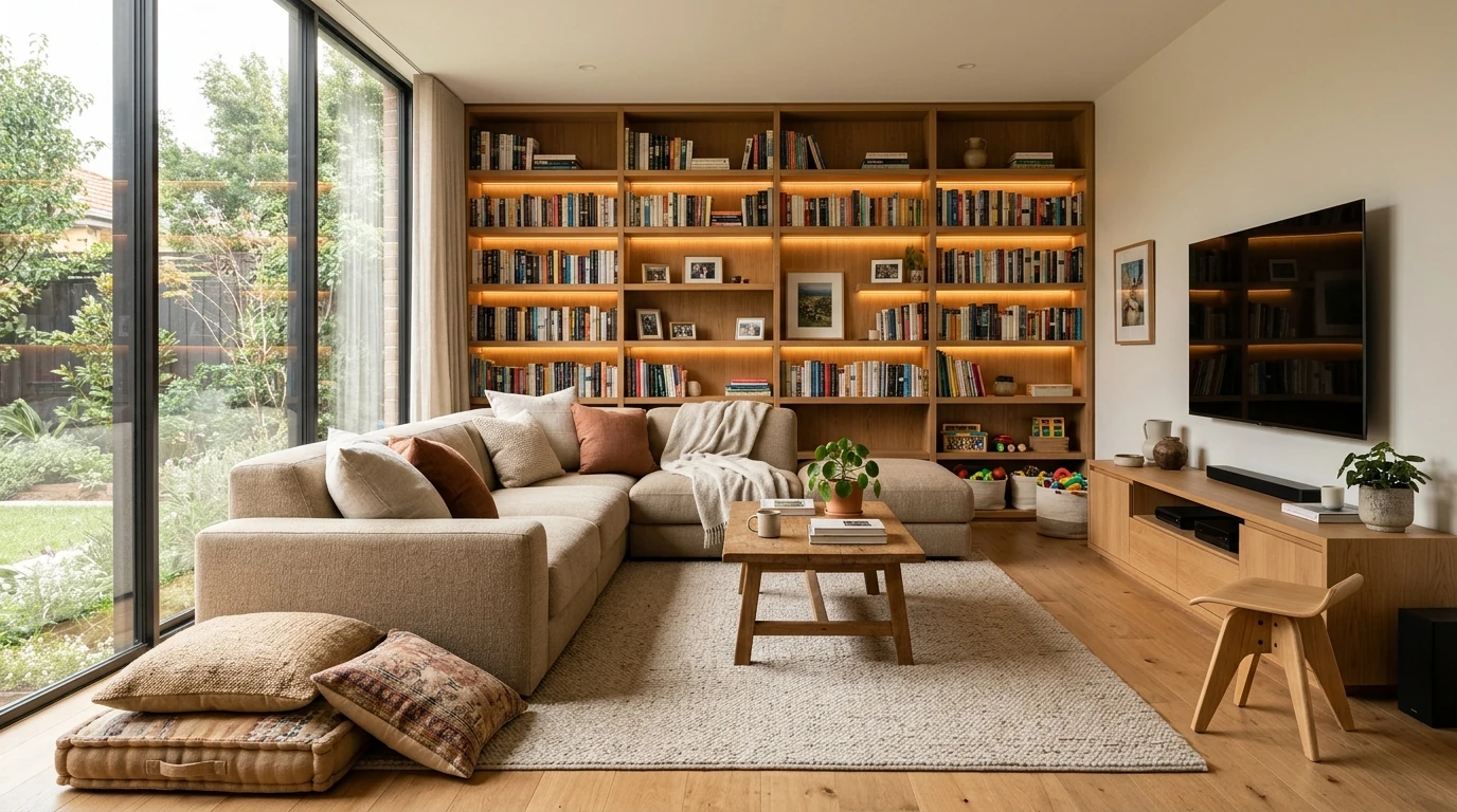 desain interior ruang keluarga modern dengan sofa sectional L dan rak buku terintegrasi