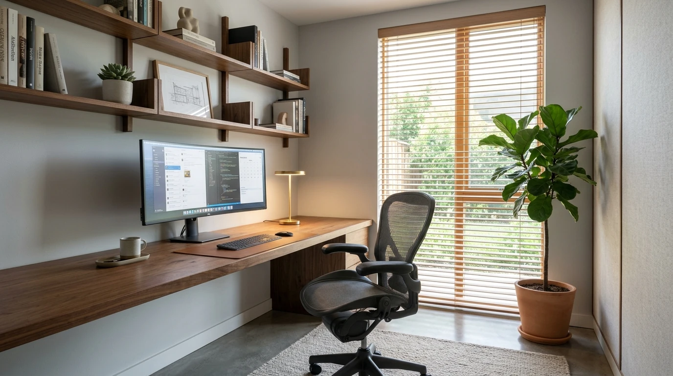 desain ruang kerja minimalis modern di rumah dengan meja kayu dan pencahayaan terang
