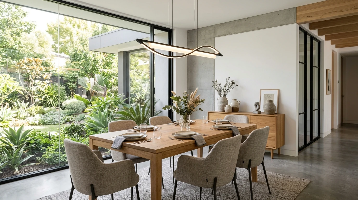 desain interior ruang makan modern dengan meja kayu solid dan lampu gantung minimalis
