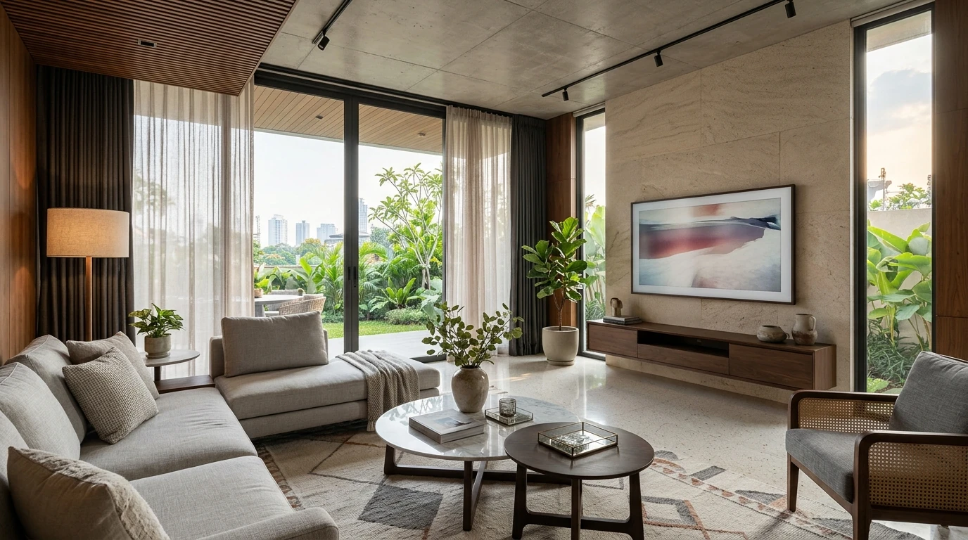 inspirasi ruang tamu modern dengan sofa kain tenun dan meja marmer matte