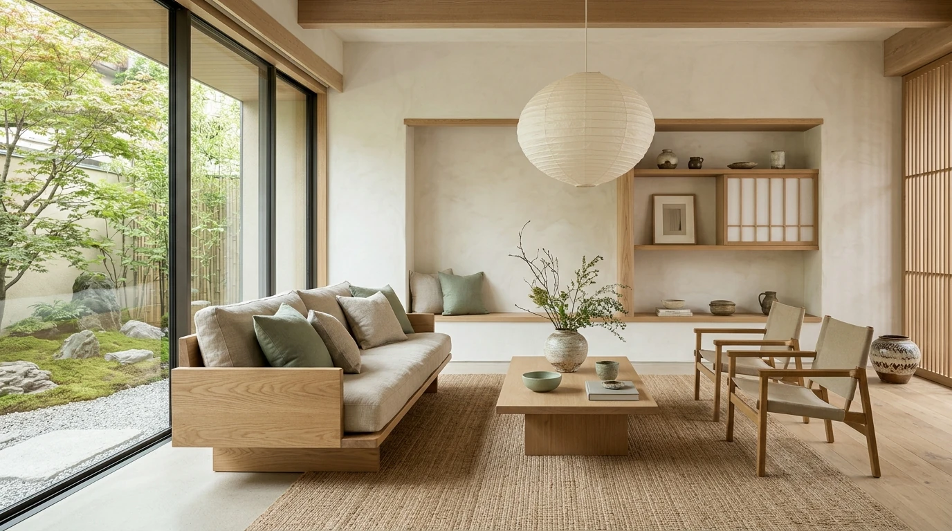 inspirasi desain interior rumah Japandi dengan material alami dan warna hijau sage
