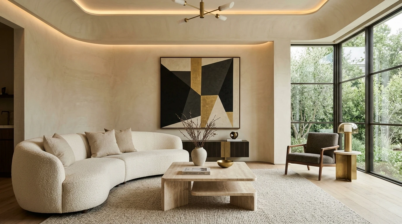 desain interior rumah modern kontemporer dengan sofa lengkung dan pencahayaan arsitektural