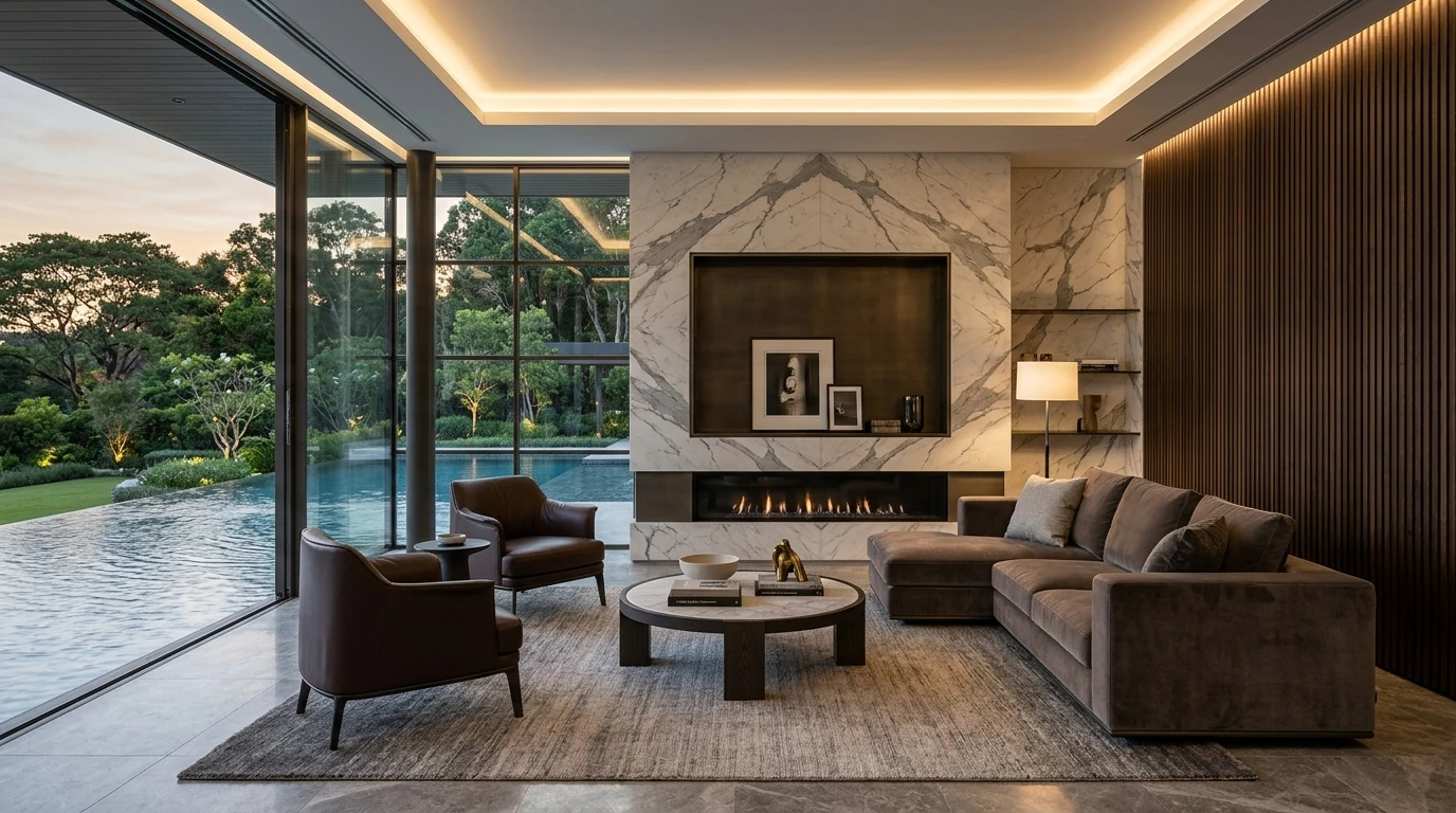 desain interior rumah modern mewah dengan dinding aksen marmer dan pencahayaan tersembunyi