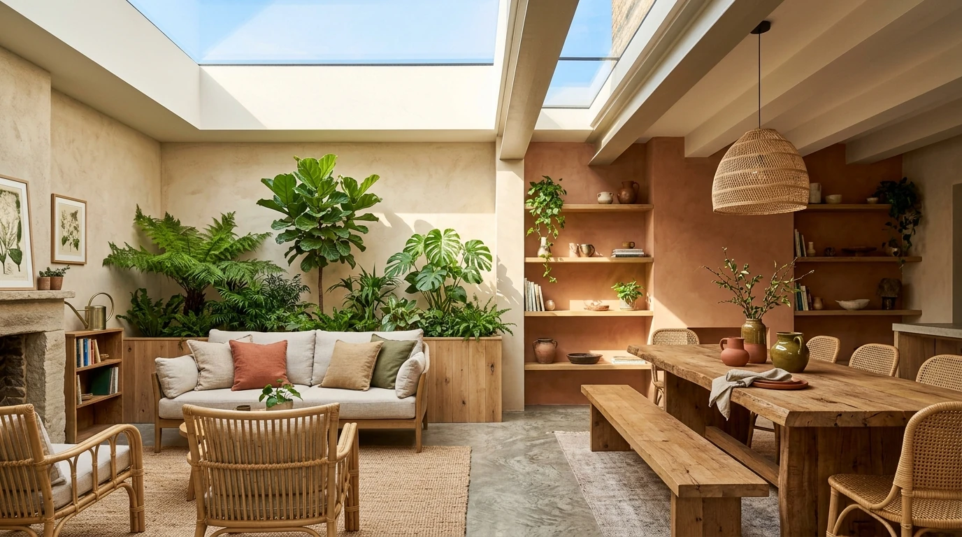 desain interior rumah modern natural dengan elemen rotan dan tanaman indoor