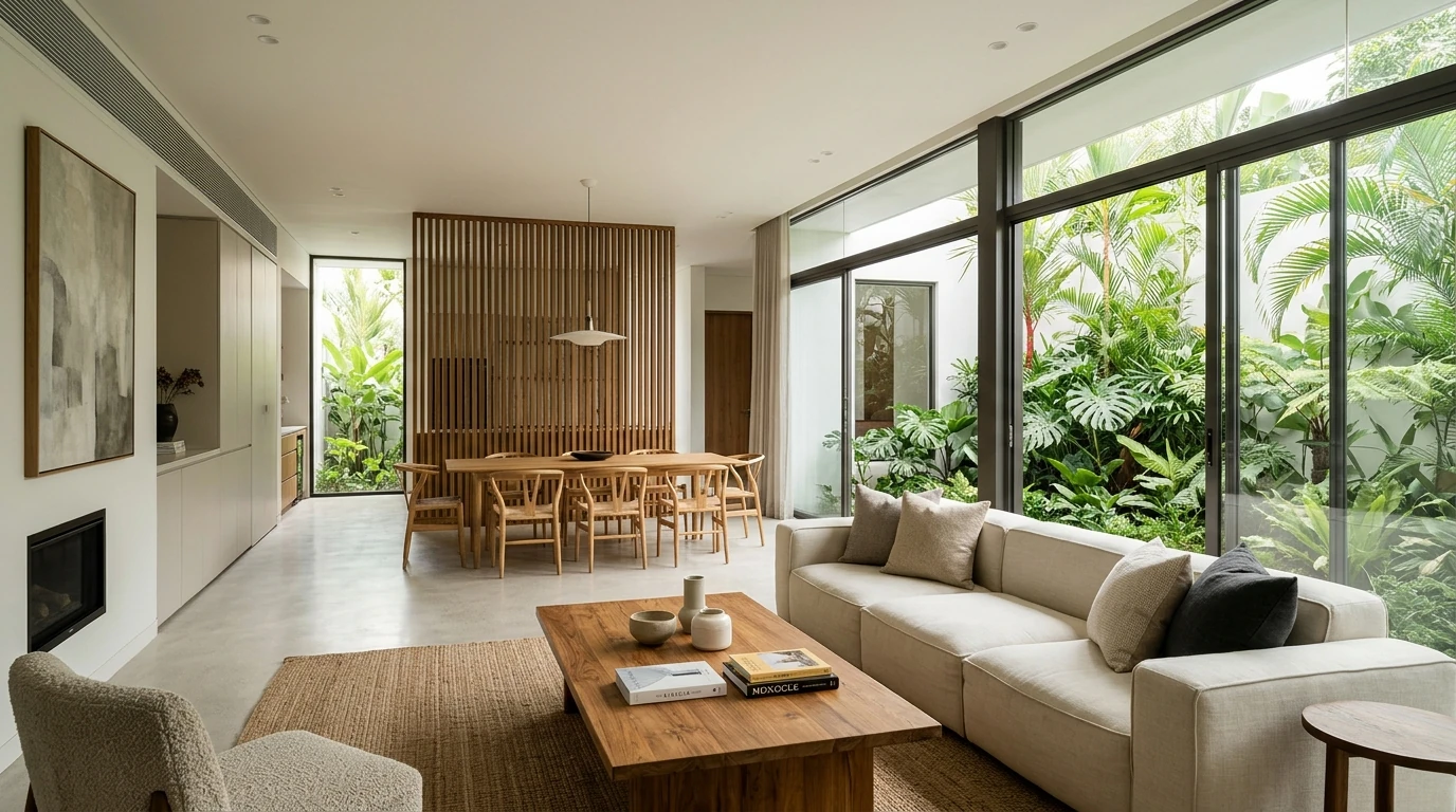 desain interior rumah modern minimalis dengan konsep ruang terbuka dan warna netral hangat