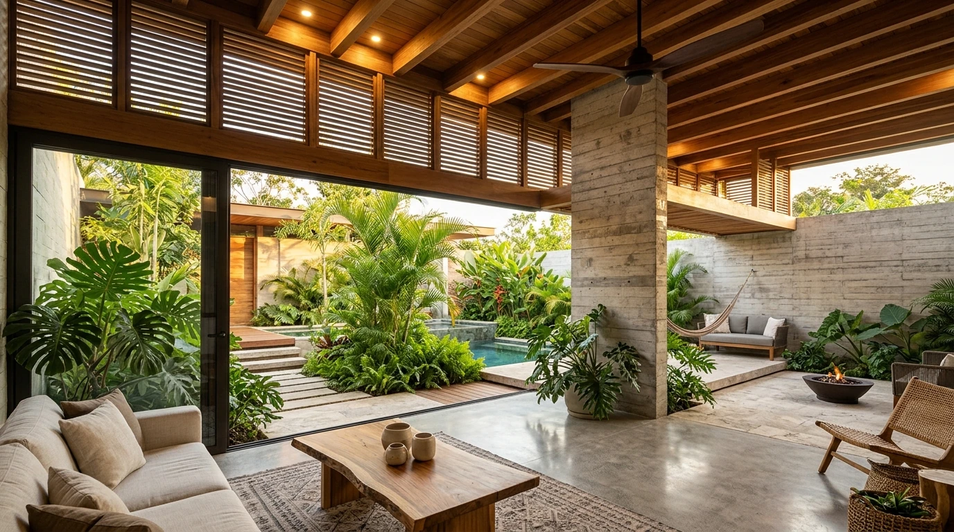 desain interior rumah modern tropis dengan pencahayaan alami dan bukaan taman dalam