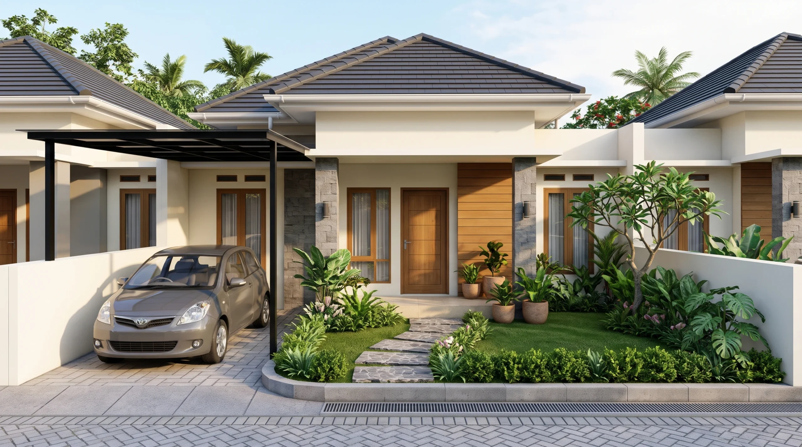 Taman depan asri mempercantik fasad rumah sederhana tapi elegan