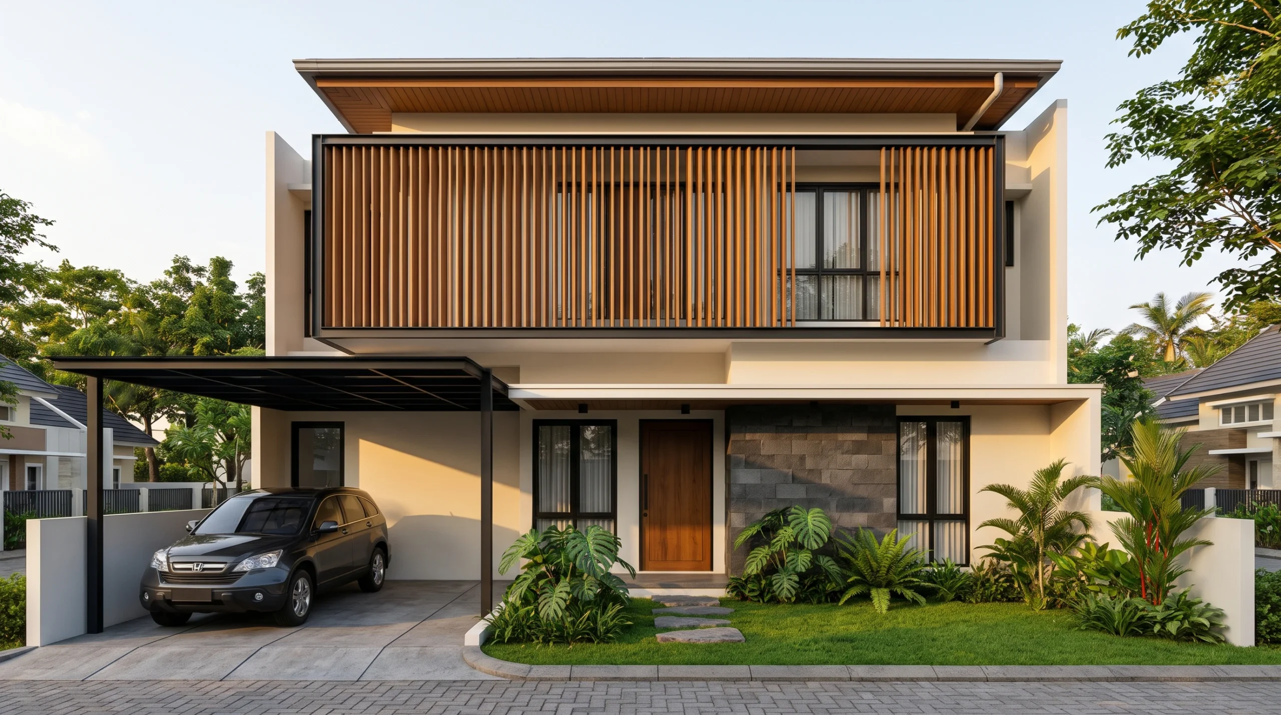 Aplikasi kisi-kisi vertikal secondary skin pada fasad rumah elegan sederhana