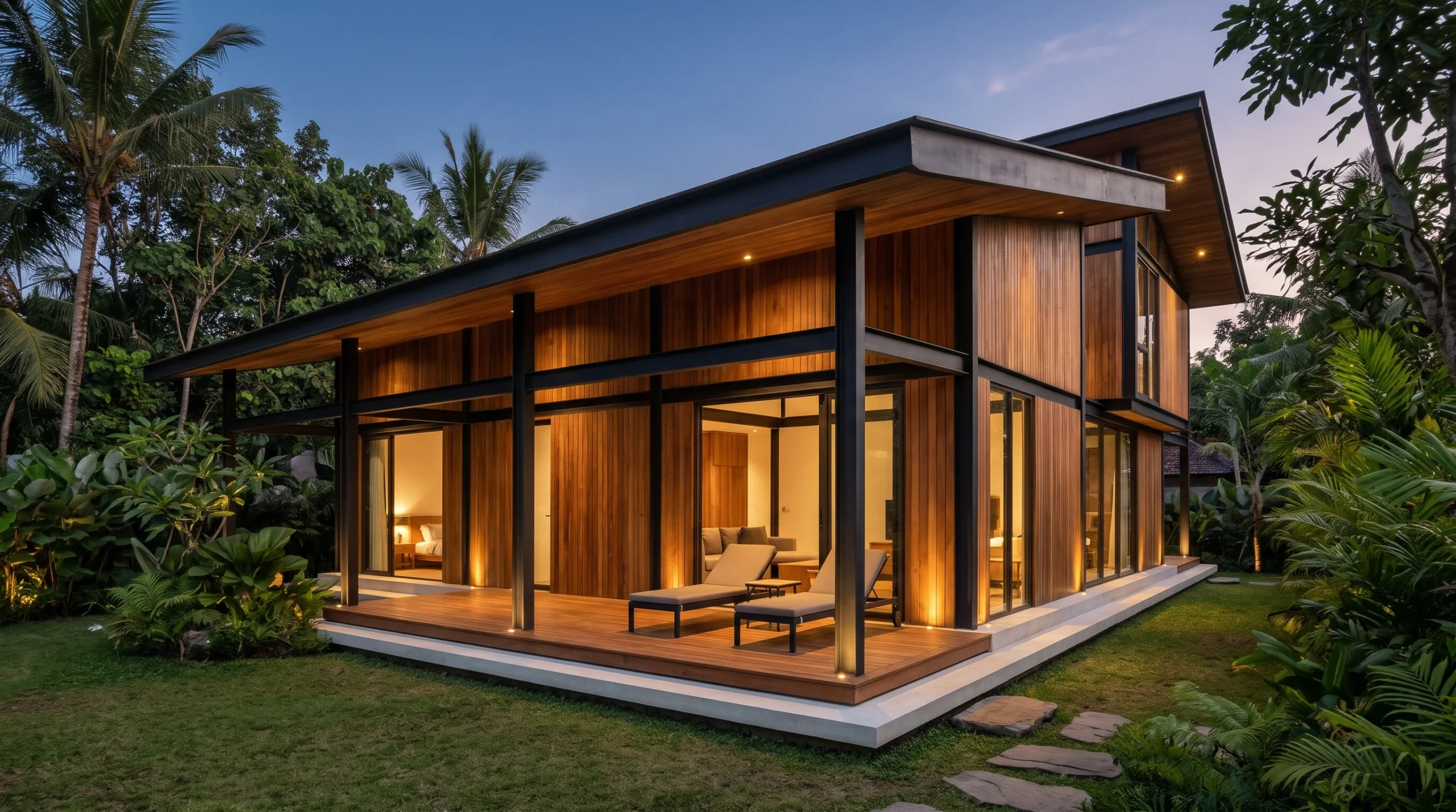 Inspirasi rumah kayu sederhana tapi elegan dengan sentuhan arsitektur modern dan dek teras santai