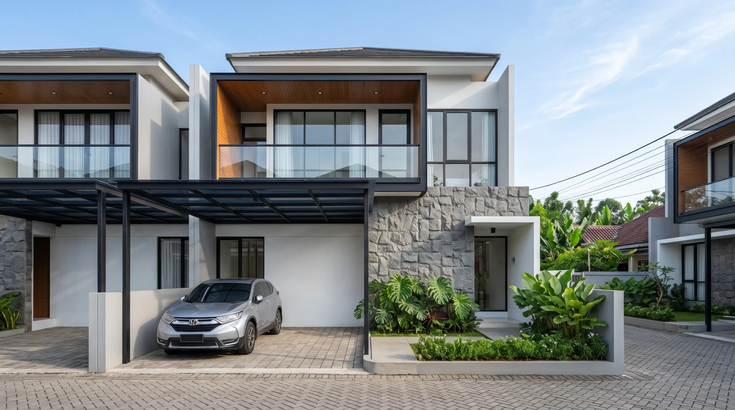 Desain rumah minimalis 2 lantai sederhana tapi elegan dengan balkon kaca modern dan carport rapi