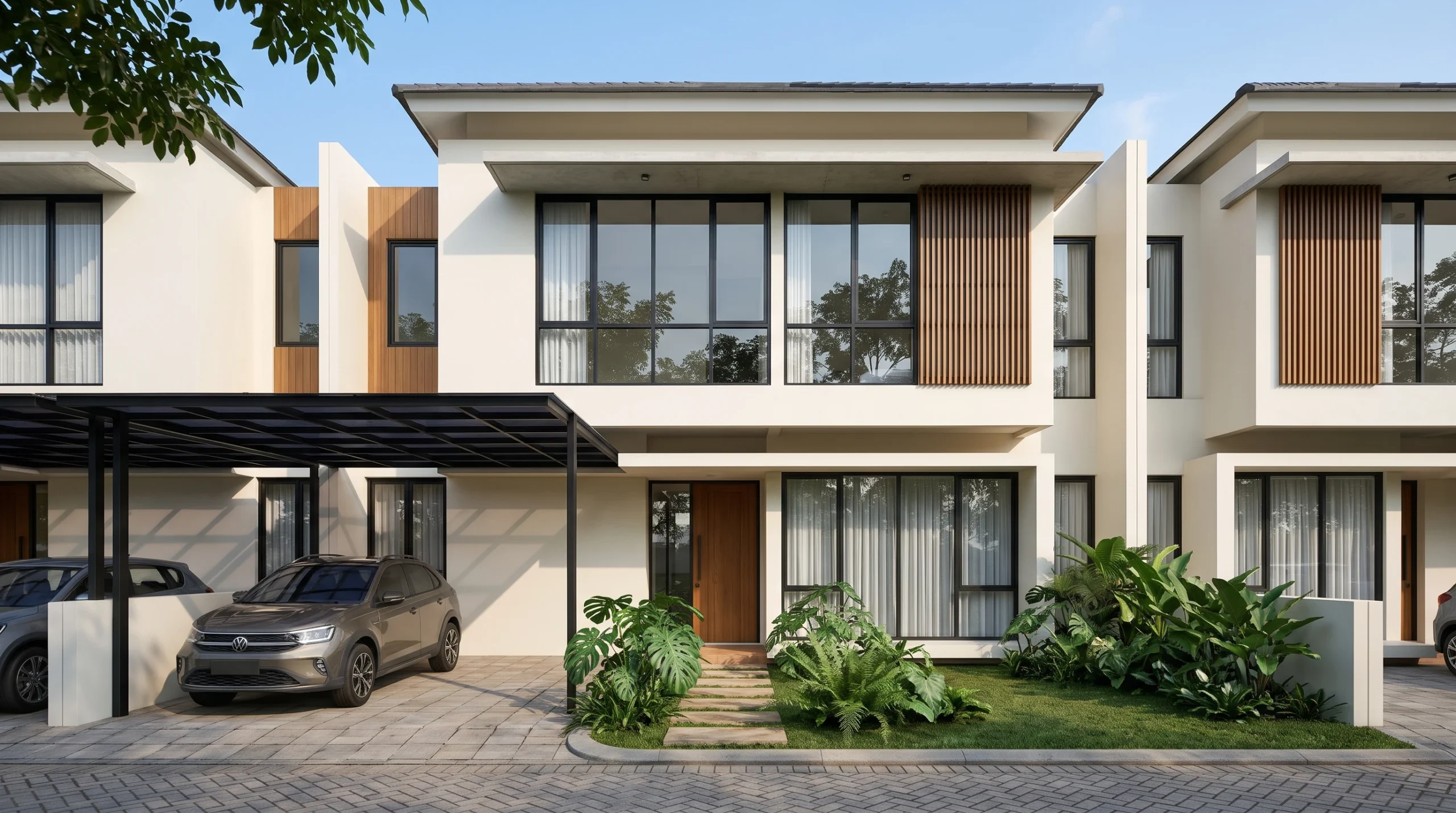 Bukaan jendela kaca besar pada desain rumah minimalis elegan