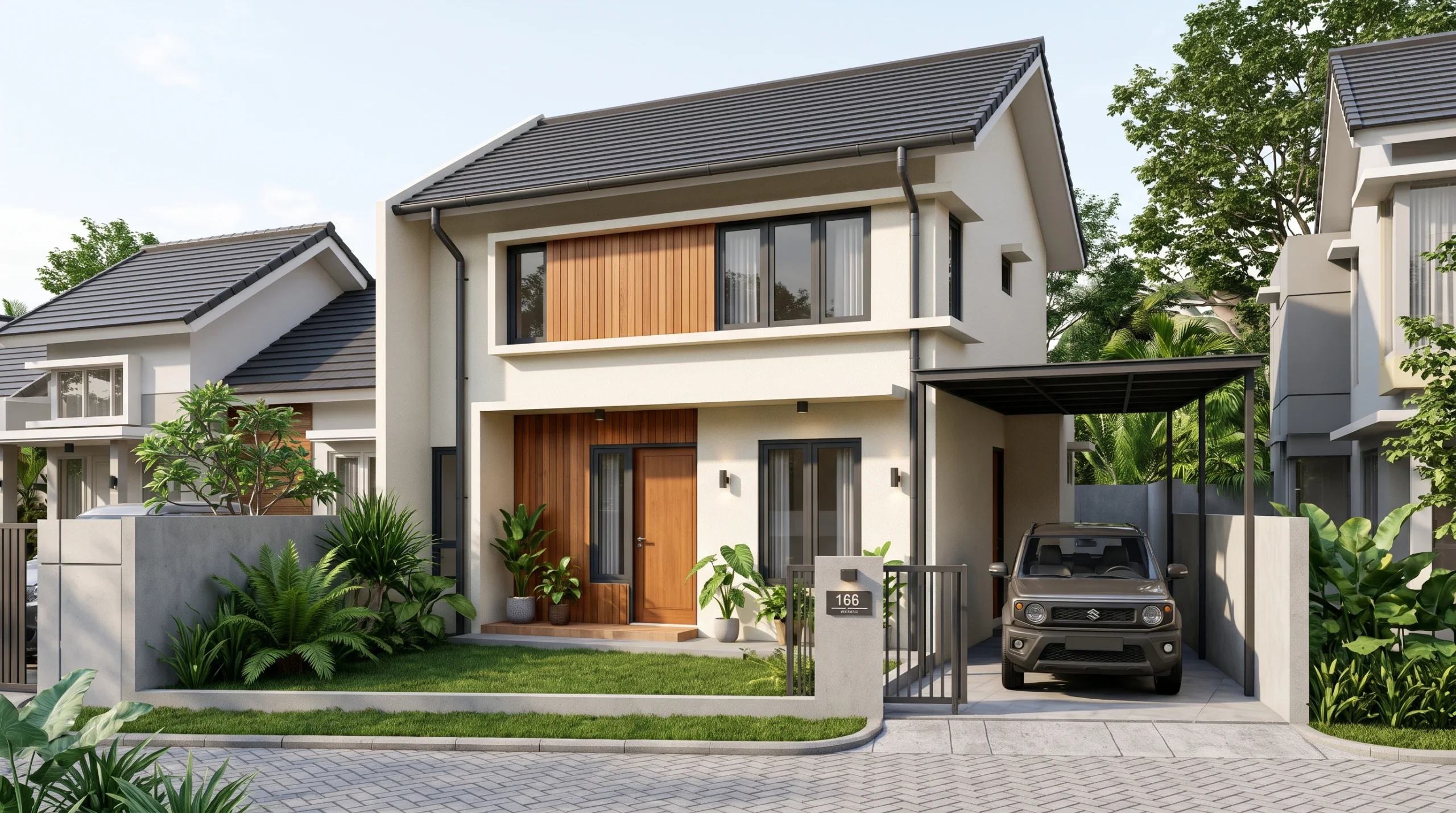 Inspirasi desain rumah minimalis putih dengan aksen kayu alami