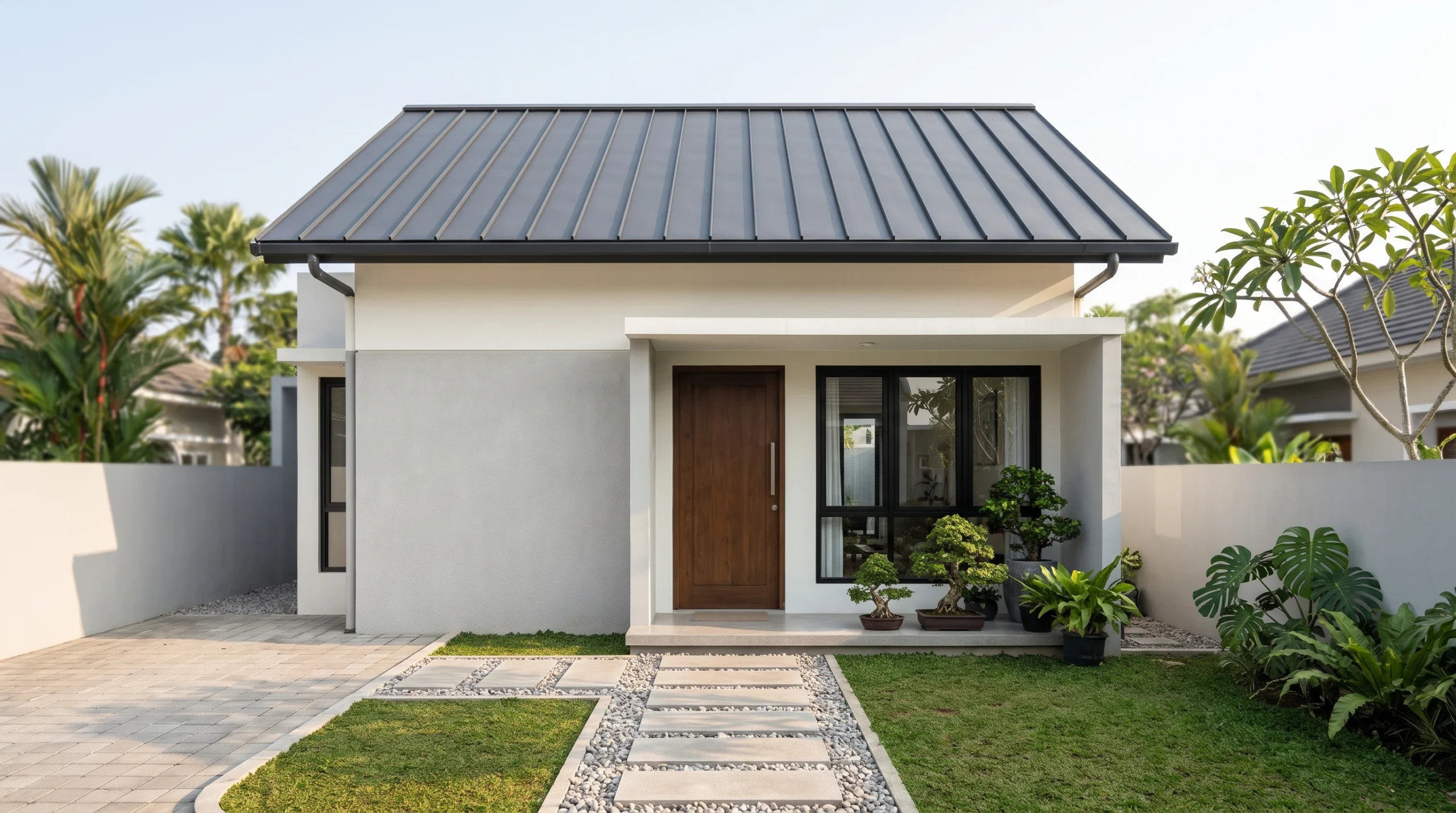 Desain rumah minimalis sederhana tapi elegan satu lantai dengan atap pelana modern abu arang