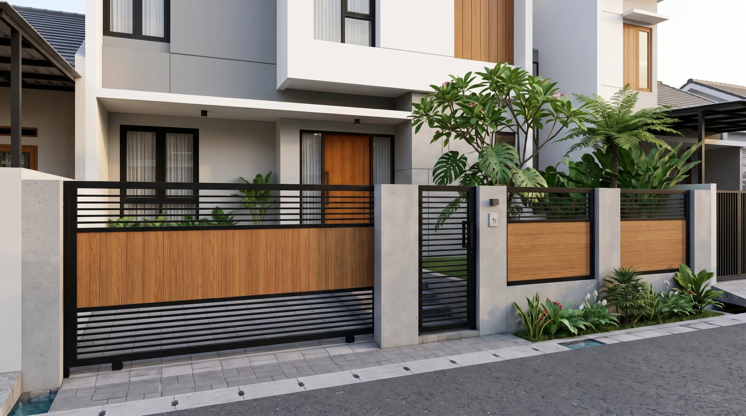 Desain pagar minimalis modern yang menyatu dengan fasad rumah sederhana