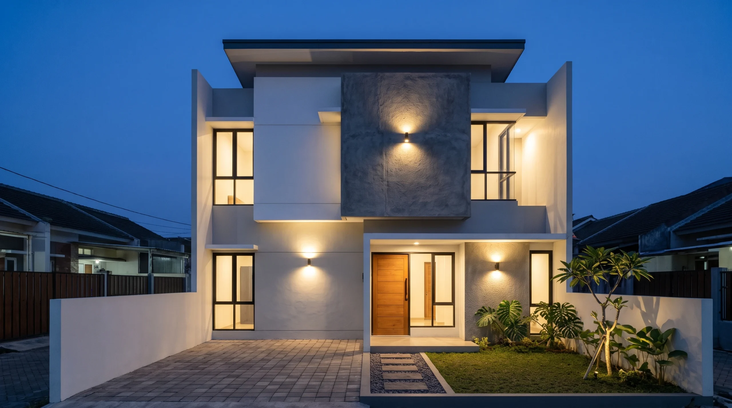 Fasad geometris rumah sederhana tapi elegan dengan komposisi garis tegas modern