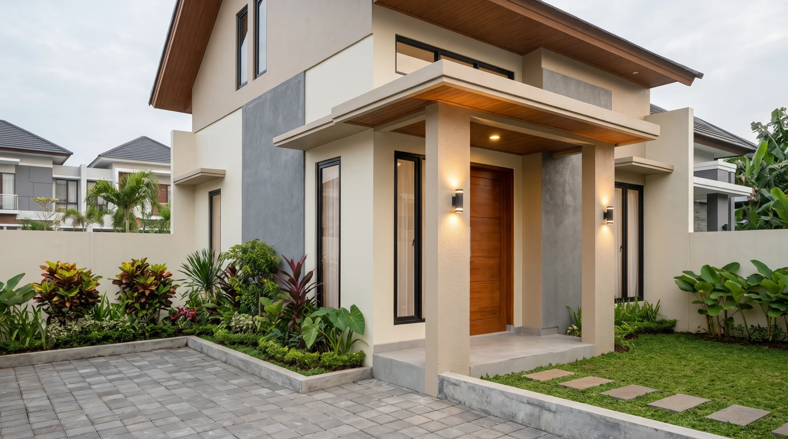 Kombinasi warna cat rumah sederhana tapi elegan perpaduan krem hangat abu-abu dan aksen cokelat kayu