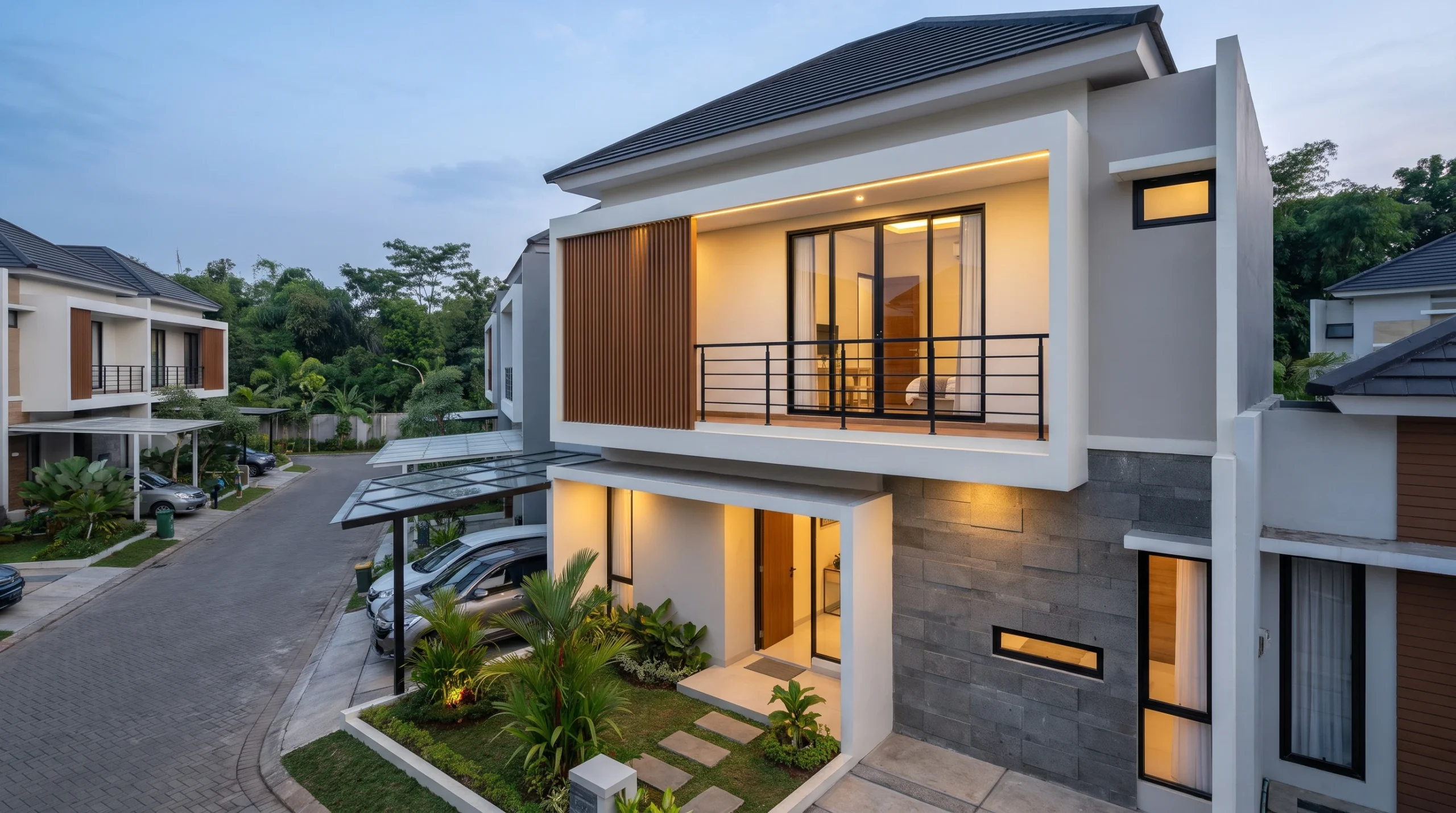 Rumah dua lantai sederhana tapi elegan dengan balkon depan modern