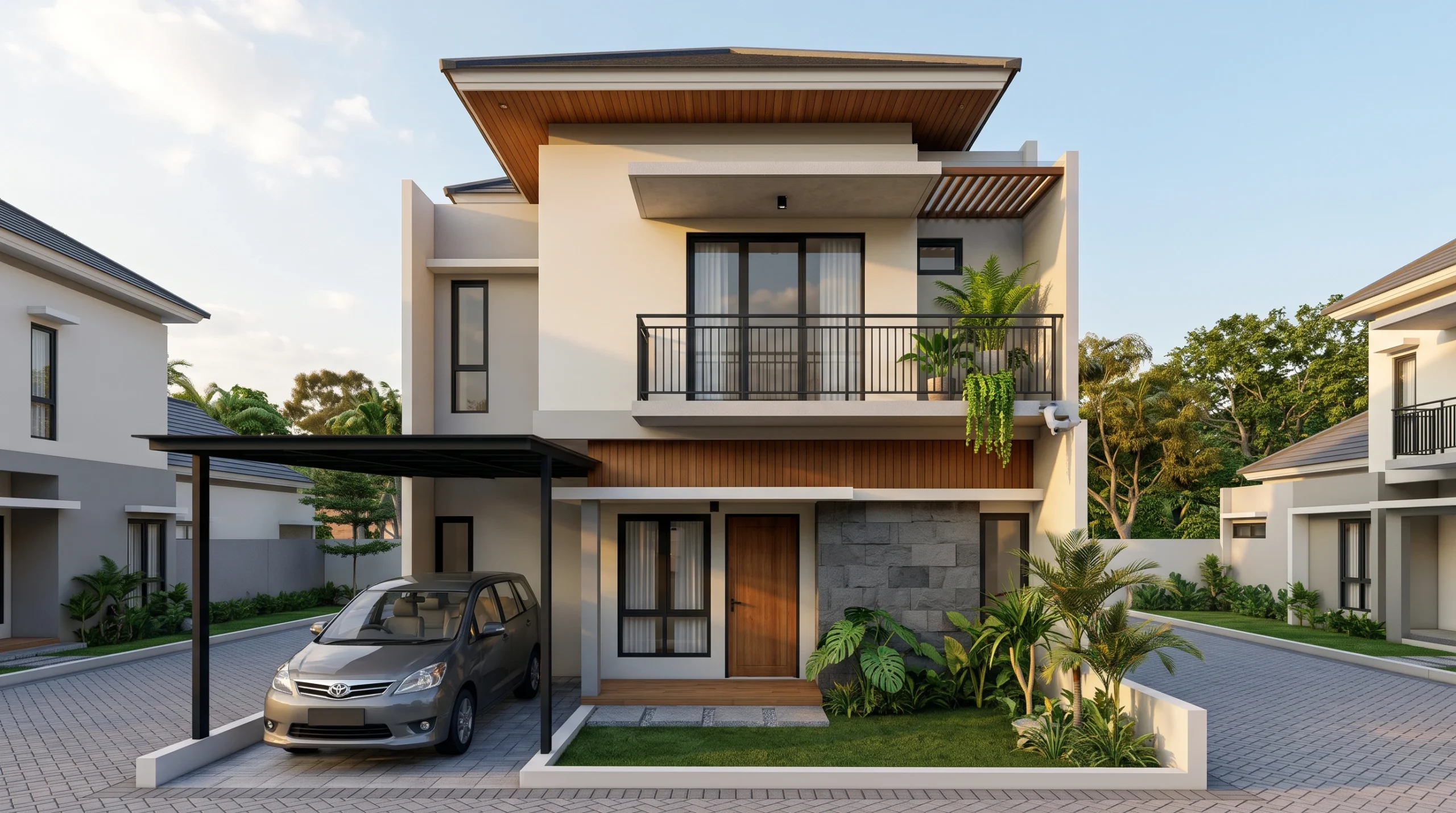 Balkon minimalis modern pada fasad rumah bertingkat sederhana tapi elegan
