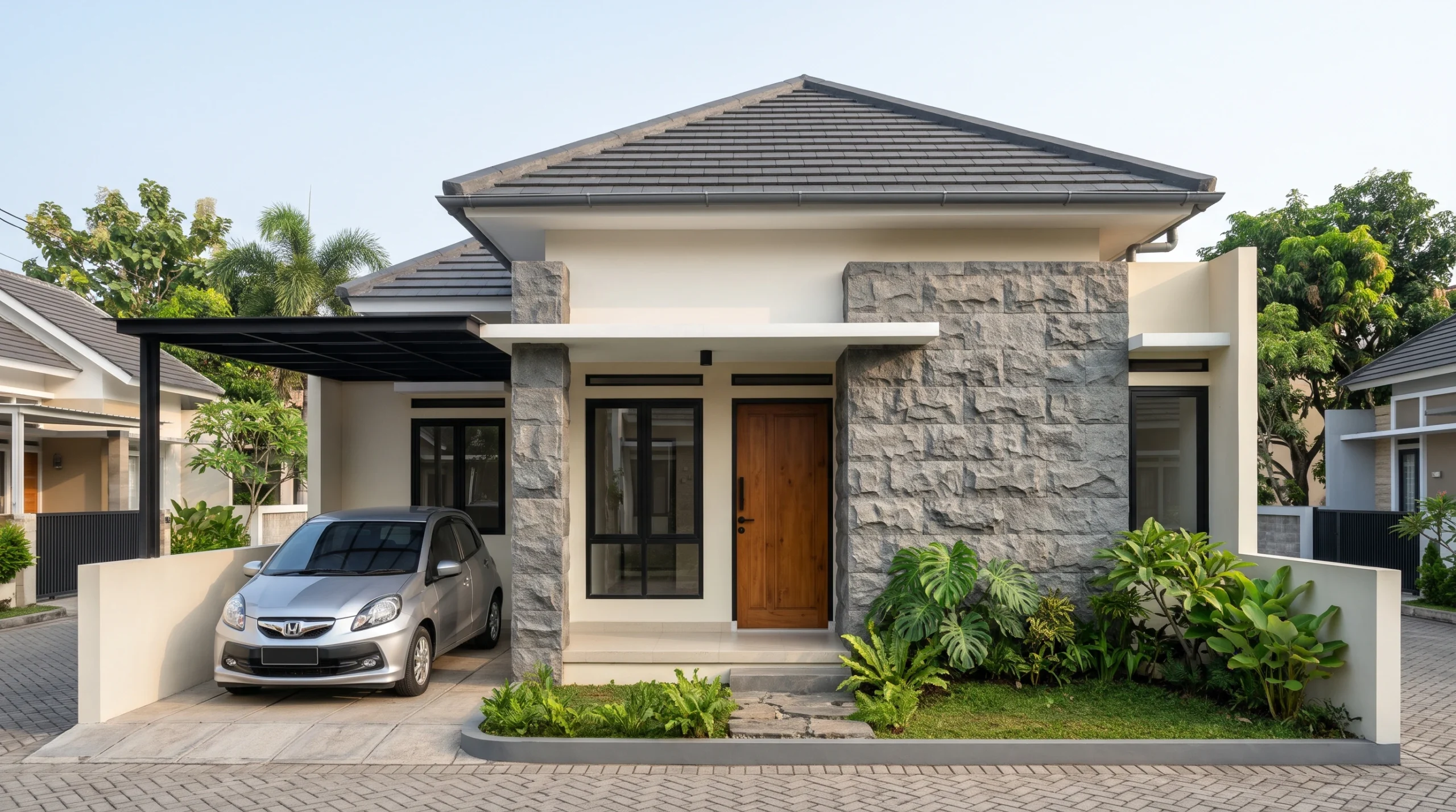 Aksen dinding batu alam pada fasad rumah sederhana tapi elegan