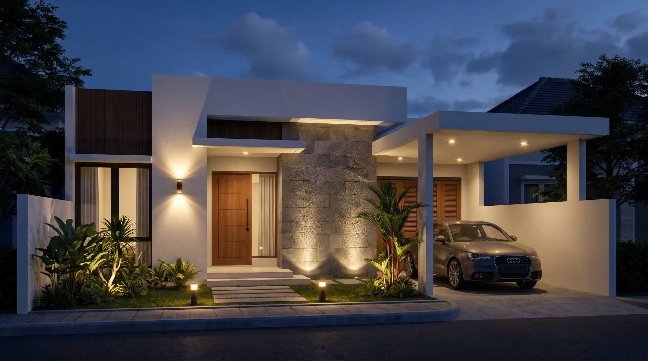 Tata pencahayaan lampu eksterior fasad rumah sederhana tapi elegan di malam hari