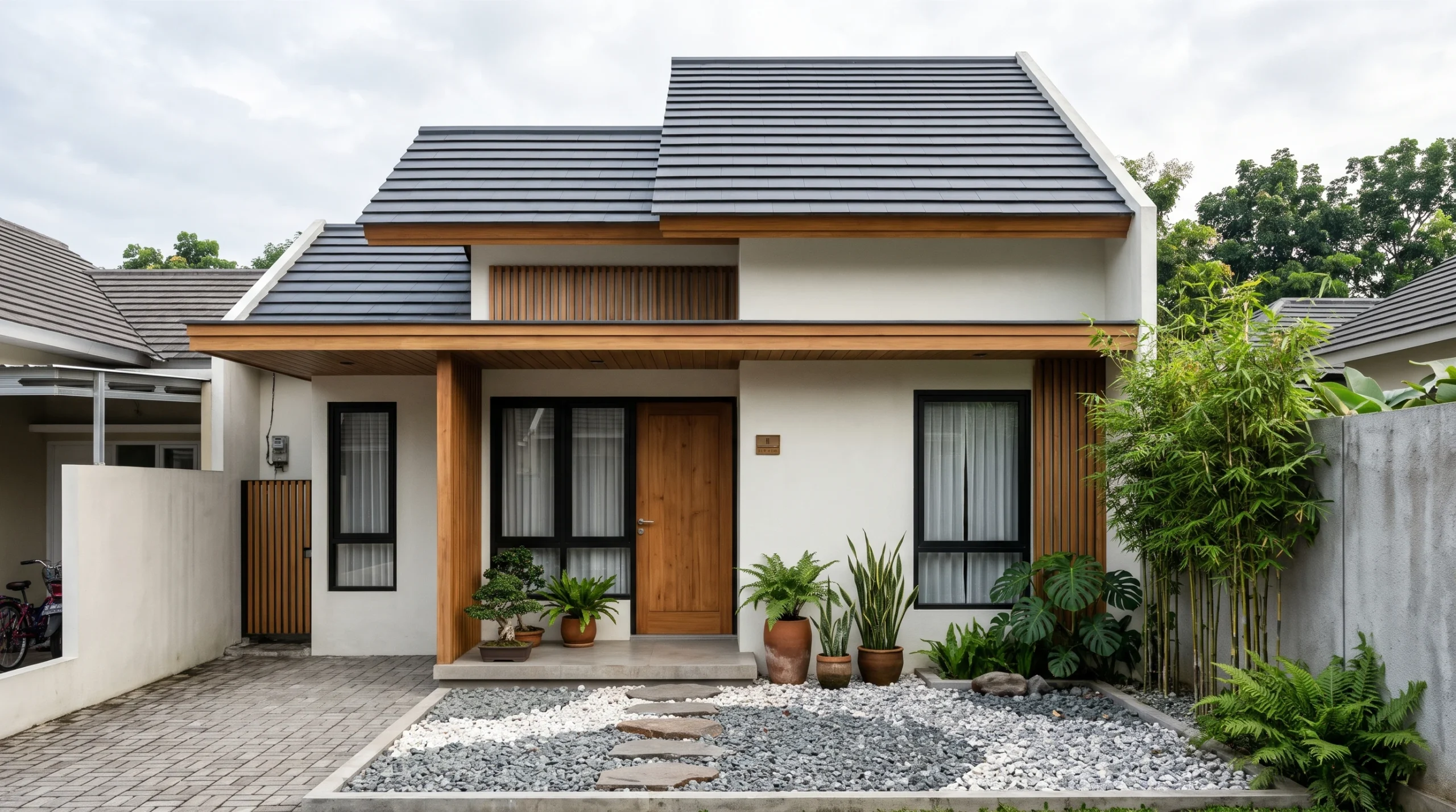 Fasad rumah sederhana elegan sentuhan estetika Japandi natural dan hangat