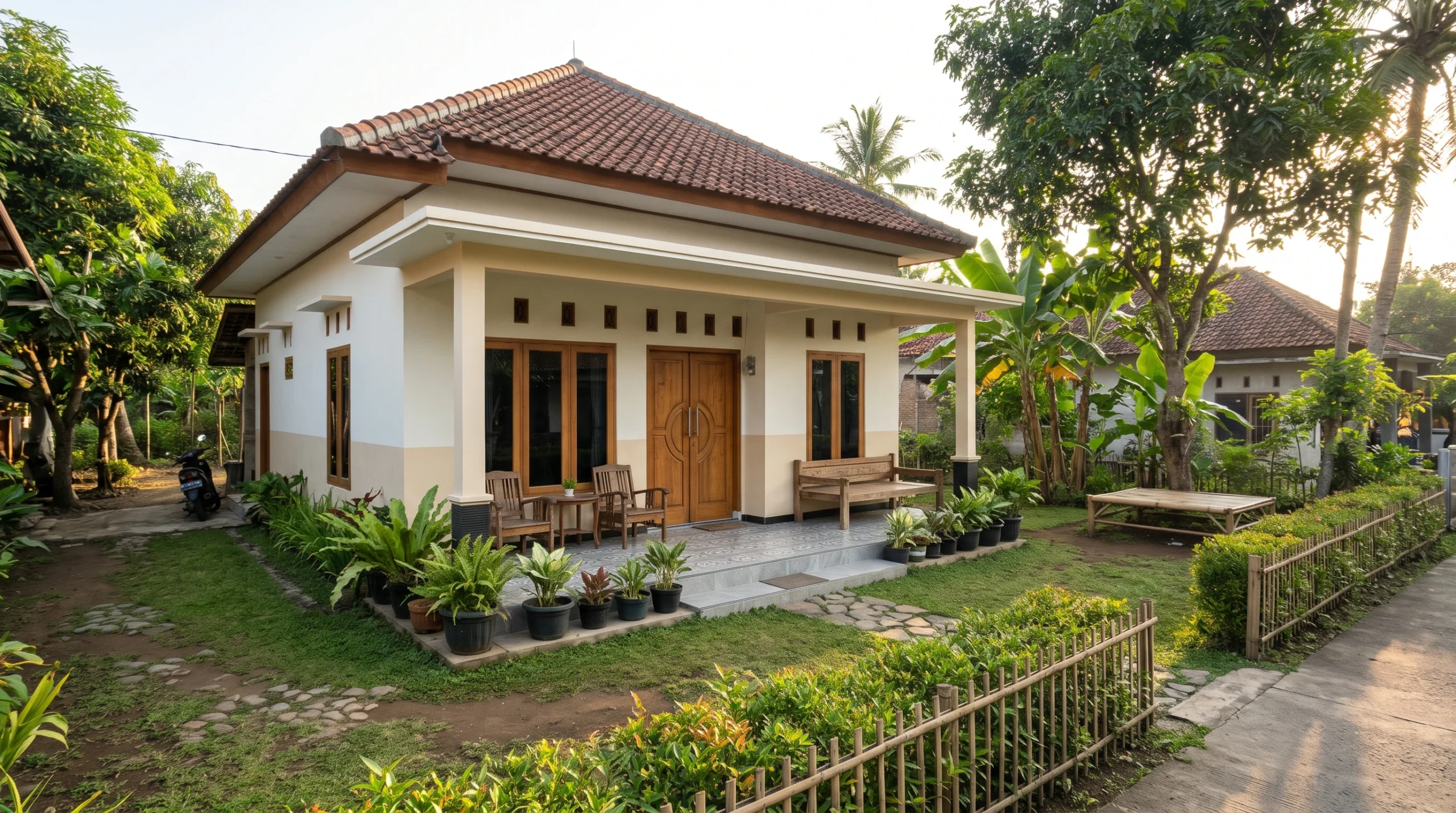 Desain rumah sederhana tapi elegan di kampung dengan halaman luas dan asri