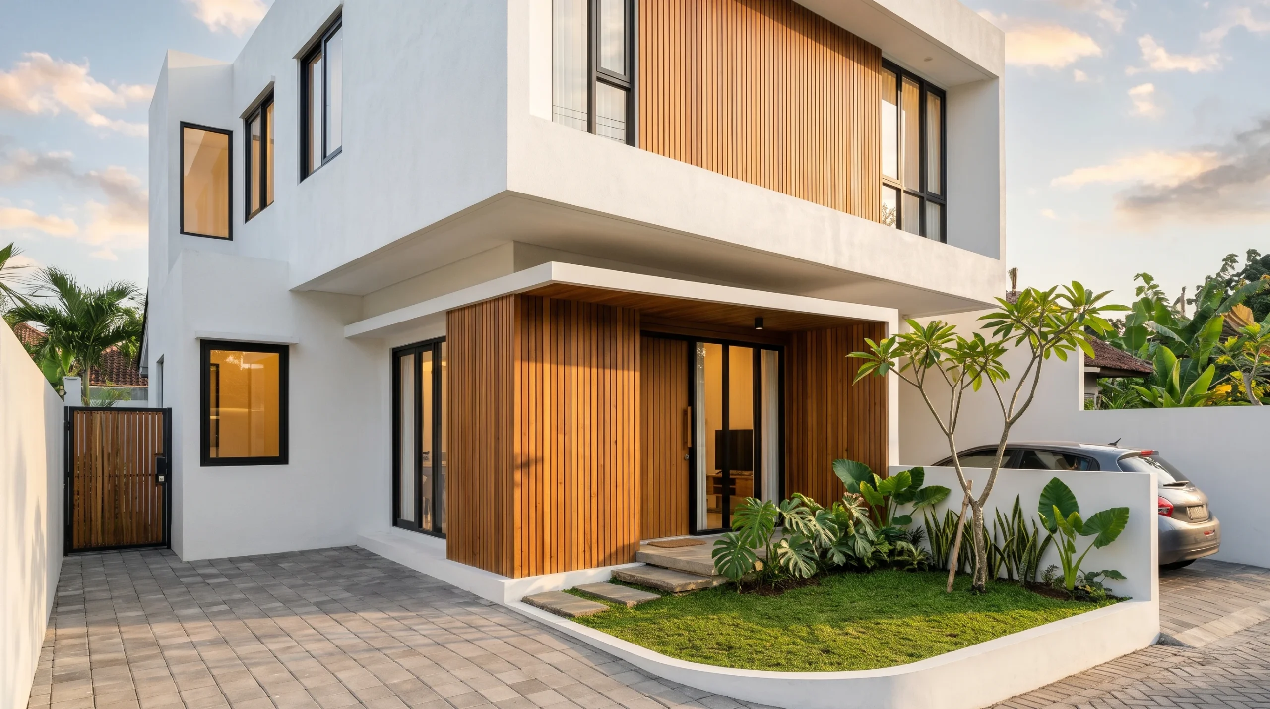Model rumah sederhana tapi elegan dengan perpaduan cat dinding putih bersih dan aksen panel kayu hangat
