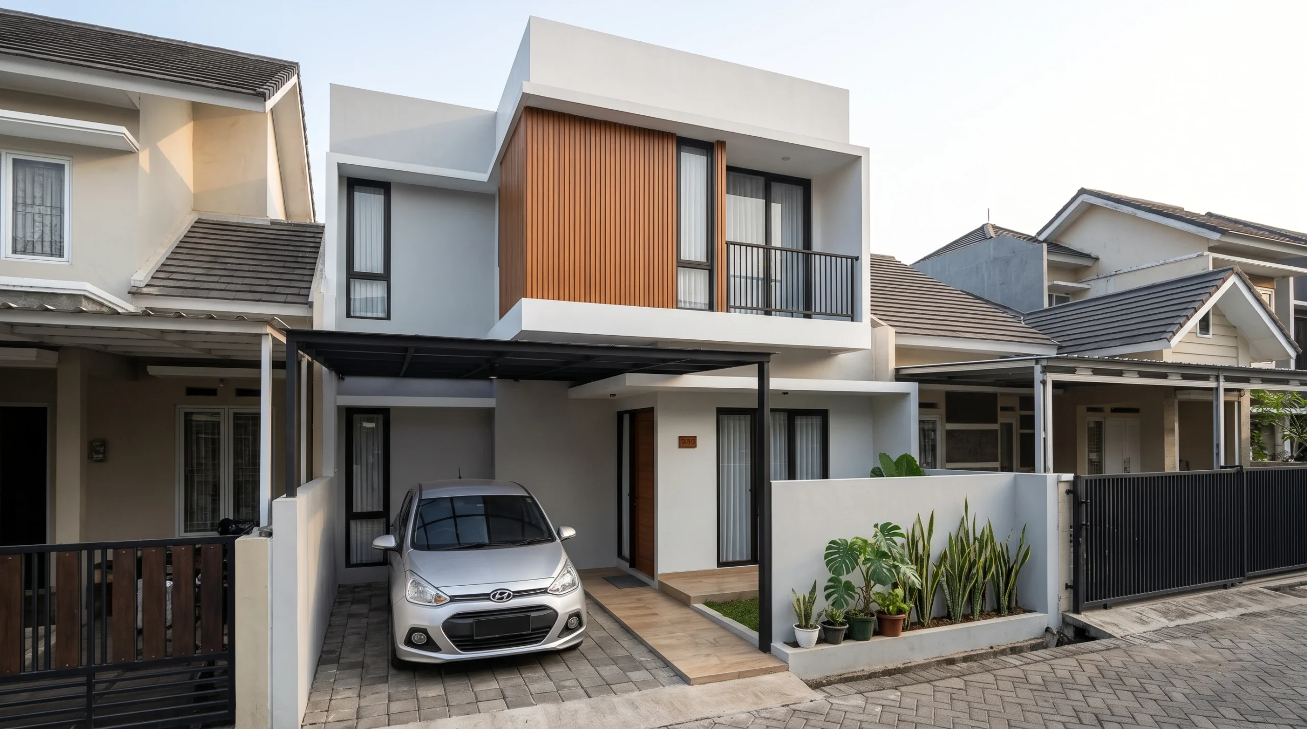 Integrasi carport rapi dengan fasad rumah tingkat sederhana tapi elegan