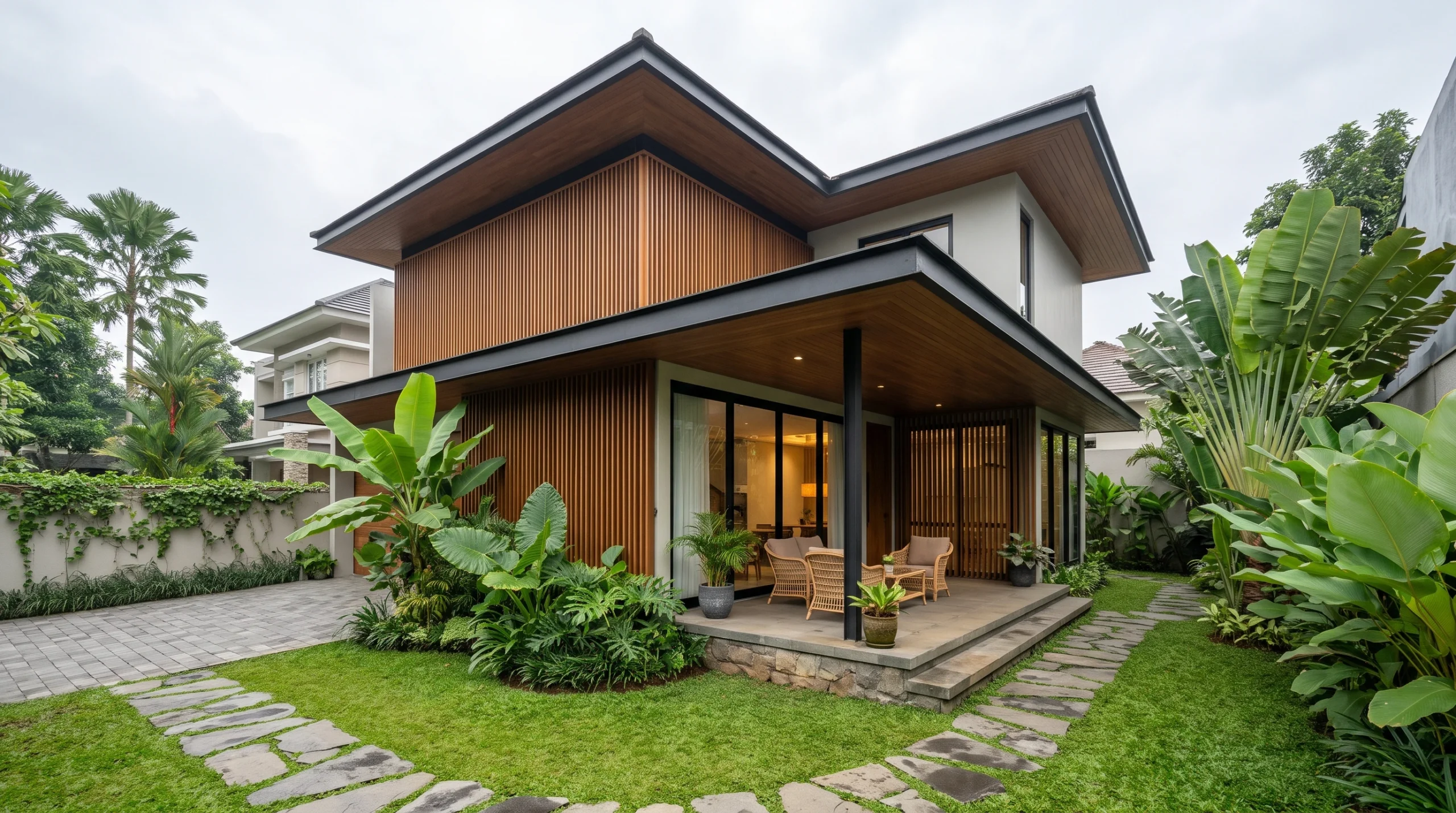 Konsep rumah tropis modern sederhana tapi elegan dengan teritisan atap lebar dan taman depan hijau asri